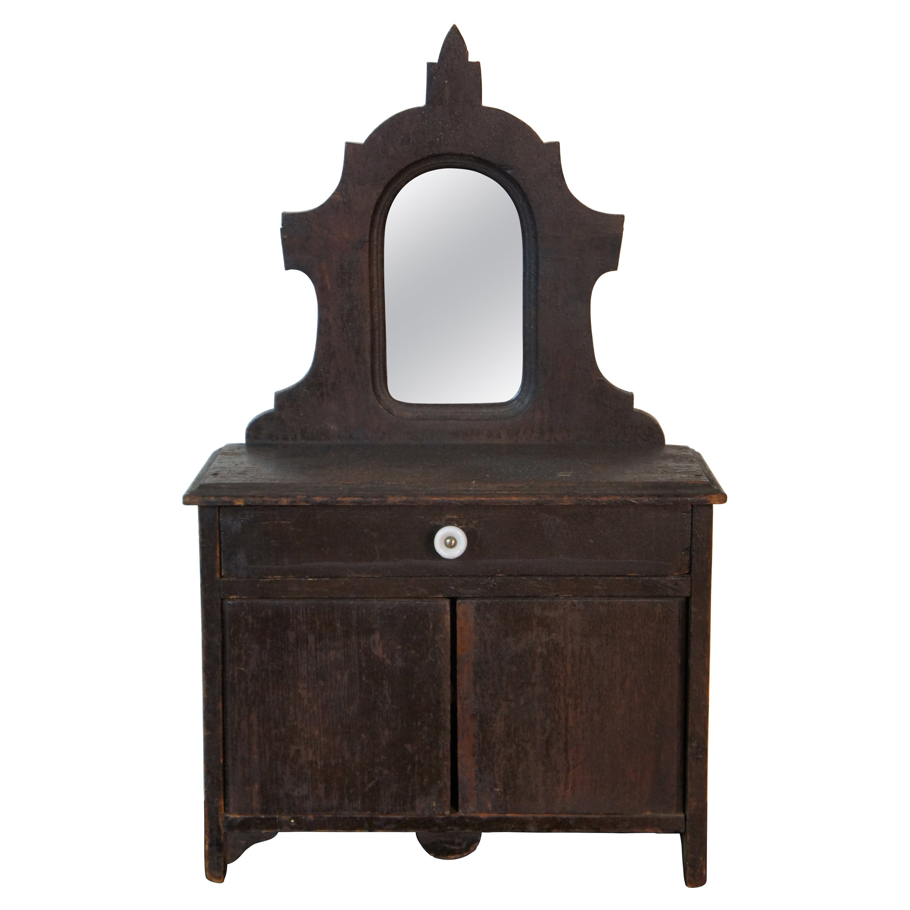 Antique Victorian Pine Miniature Salesman Sample Vanity Dresser Cabinet Mirror