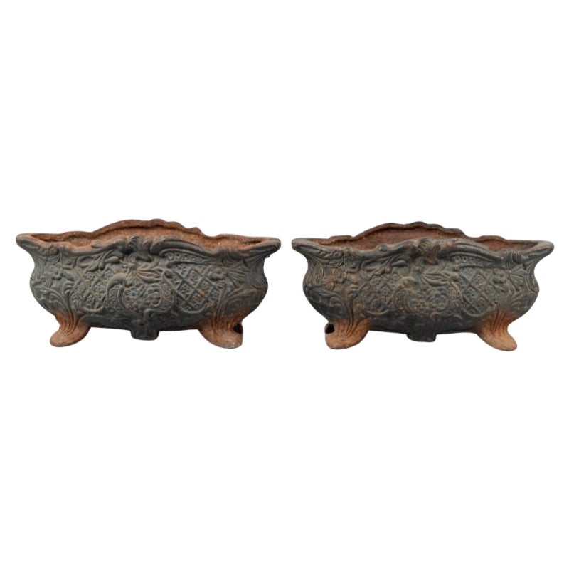 Pair of Antique French Cast Iron Garden Jardinieres Planters, circa 1900 For Sale