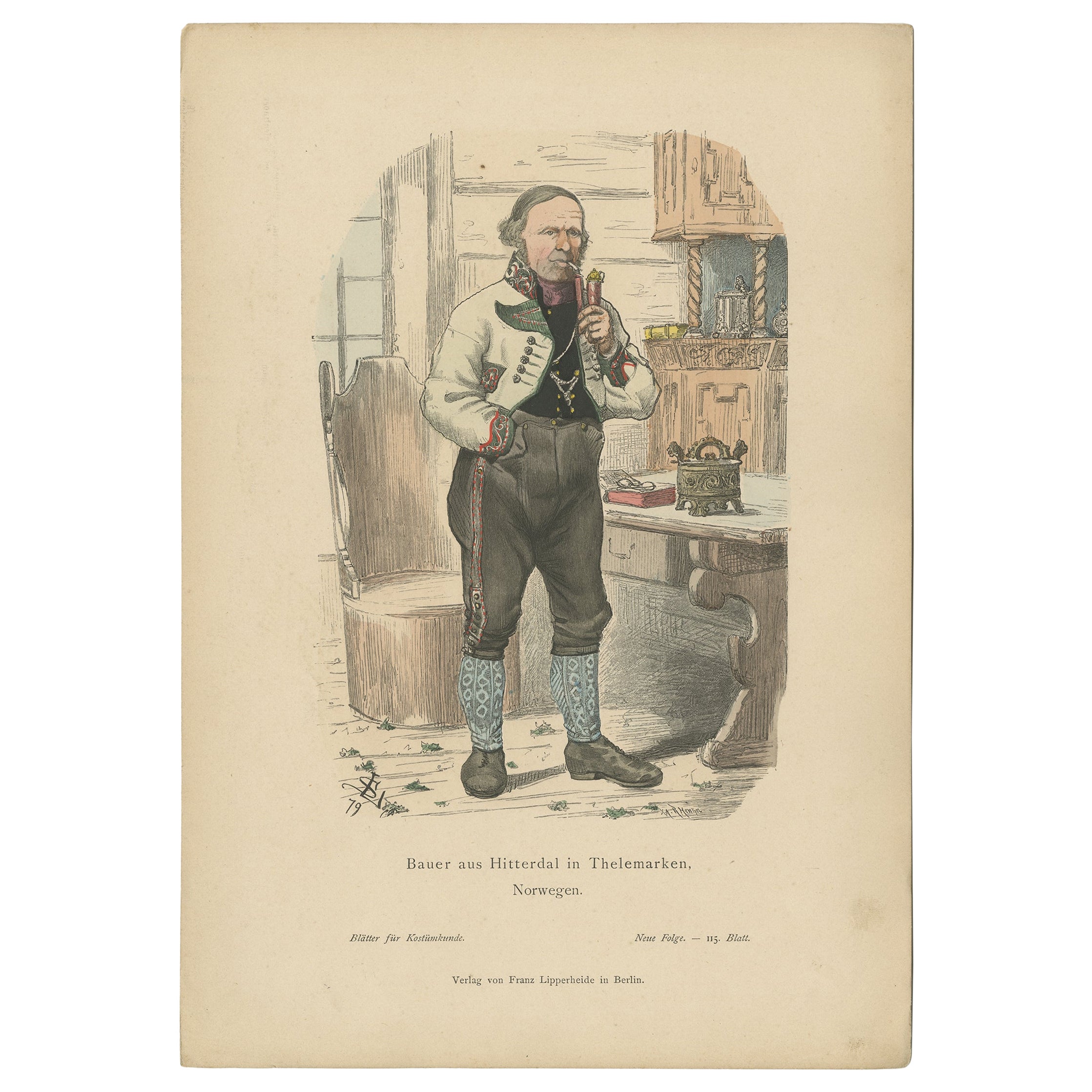 Antique Costume Print of a Farmer From Telemark 'Norway', ca.1880 For Sale