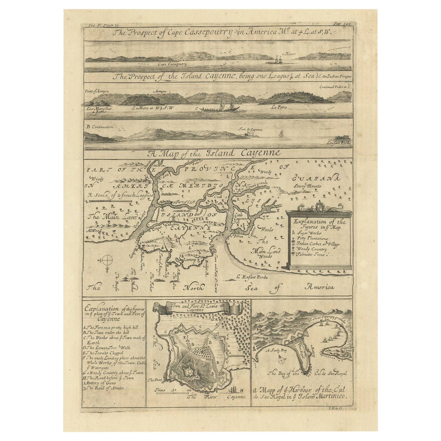 Carte ancienne de la Caïenne et de Cassepouri, Guinée française, Amérique du Sud, vers 1730