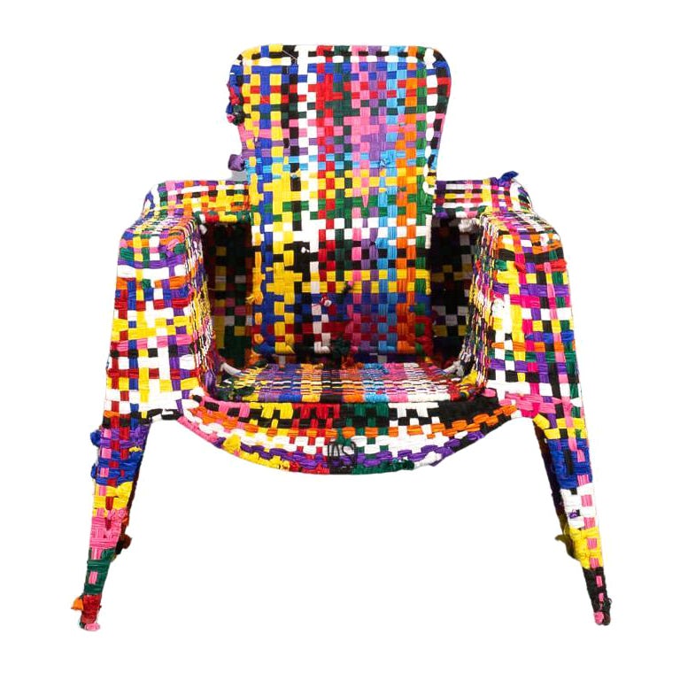 Anacleto Spazzapan Handmade Metal and ‘Multicolor’ Fabric Armchair For Sale