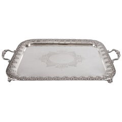 Antique English Silver Plate Footed Serving Tray with Handles