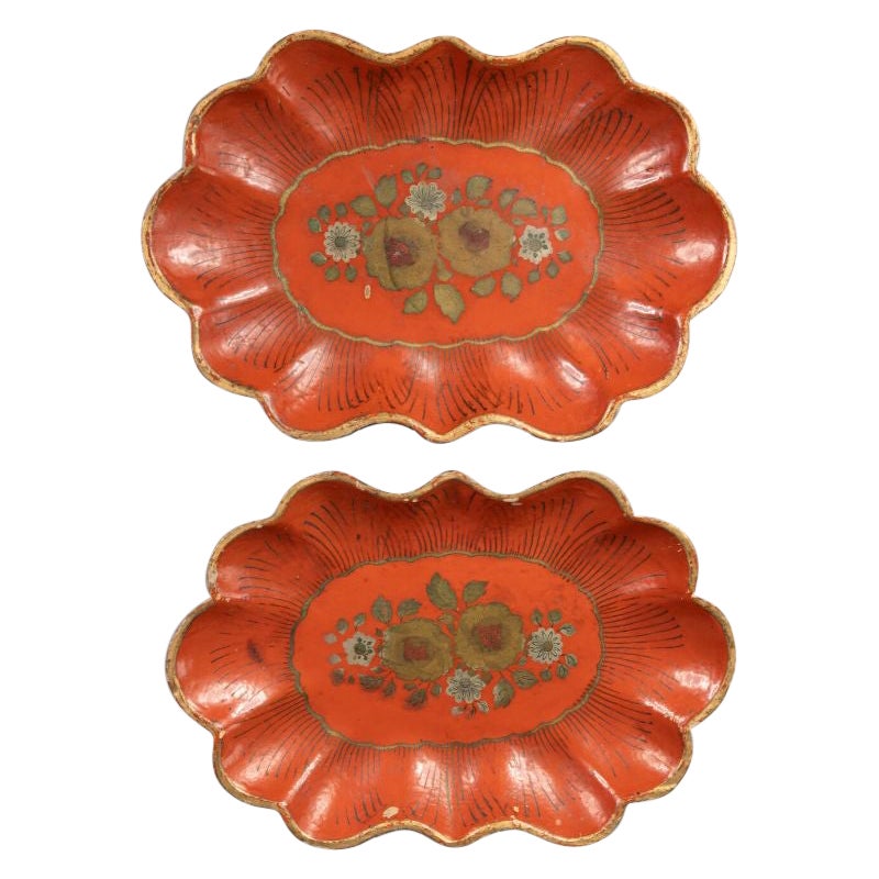 Antique 19th C. French Papier Mache Scalloped Trays, a Pair