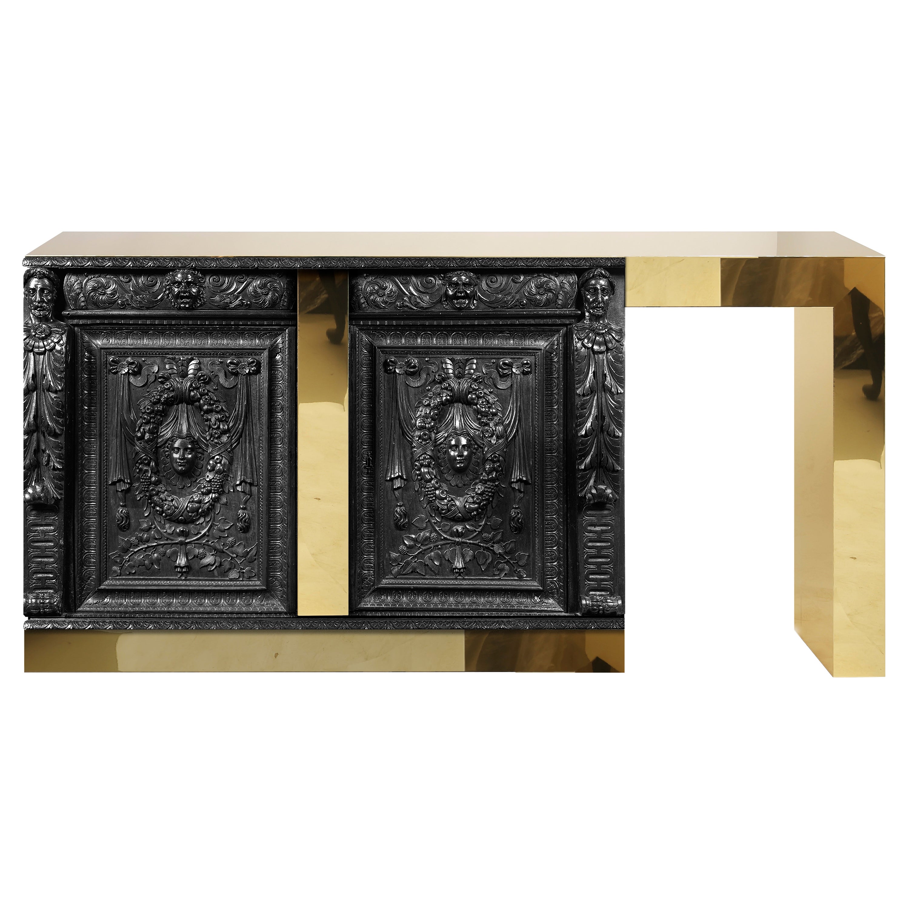 Contemporary Crypto Sideboard in Black Oak, Brass, Hand Carved For Sale