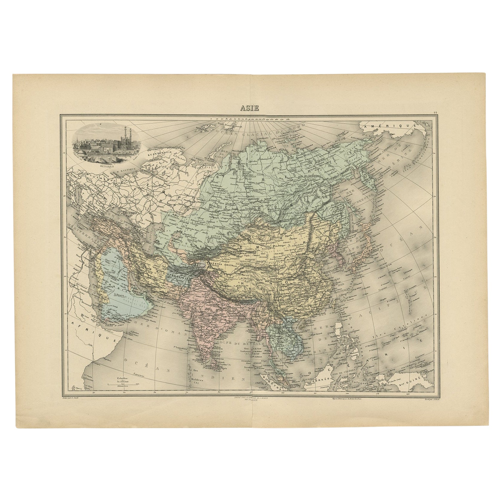 Antique Map of Asia, Vignette of Benares 'Varanasi' Showing Ganges River, 1892 For Sale