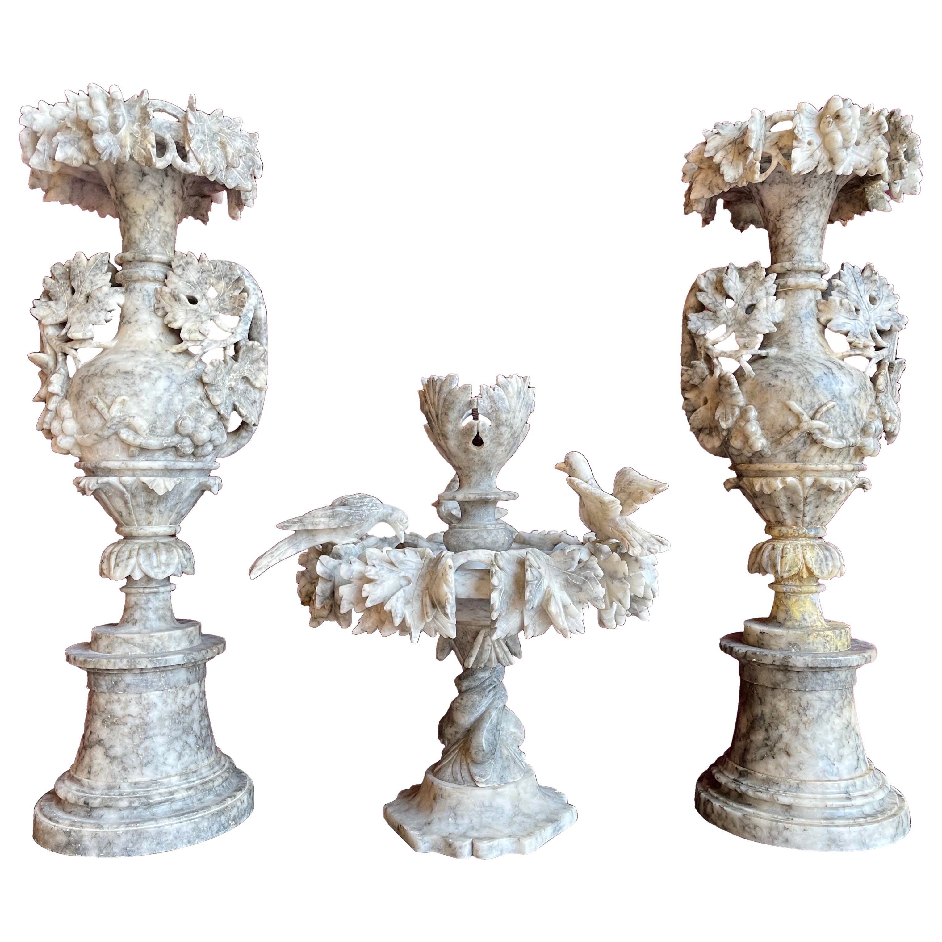 Antique & Impressive, Beautifully Hand Carved Alabaster Set of Ornamental Vases