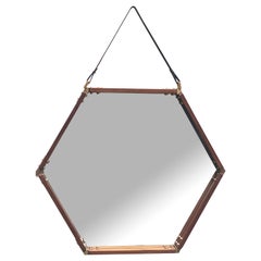 Wood, Leather and Brass Hexagonal Wall Mirror, Italy 1960s