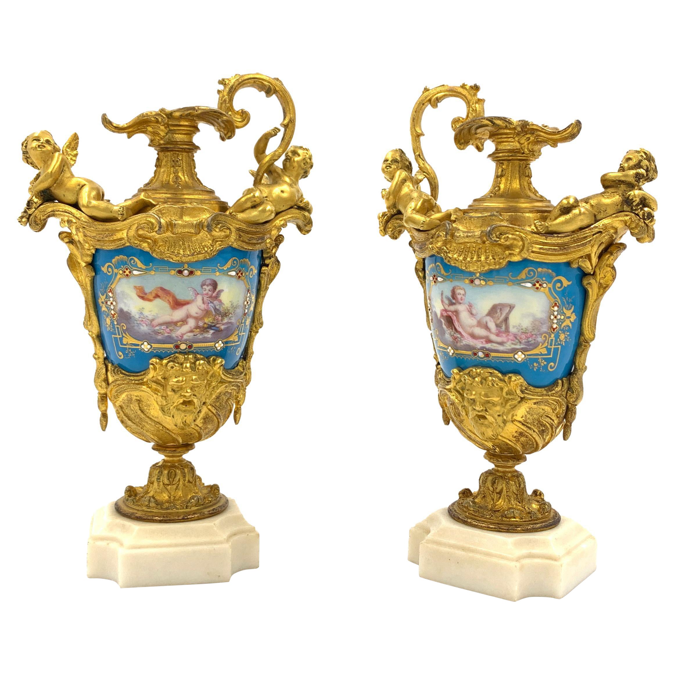 Pair of Sevres Style Jewelled Porcelain and Gilt Metal Ewer Vases For Sale