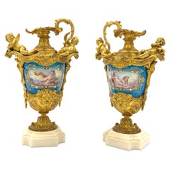 Antique Pair of Sevres Style Jewelled Porcelain and Gilt Metal Ewer Vases