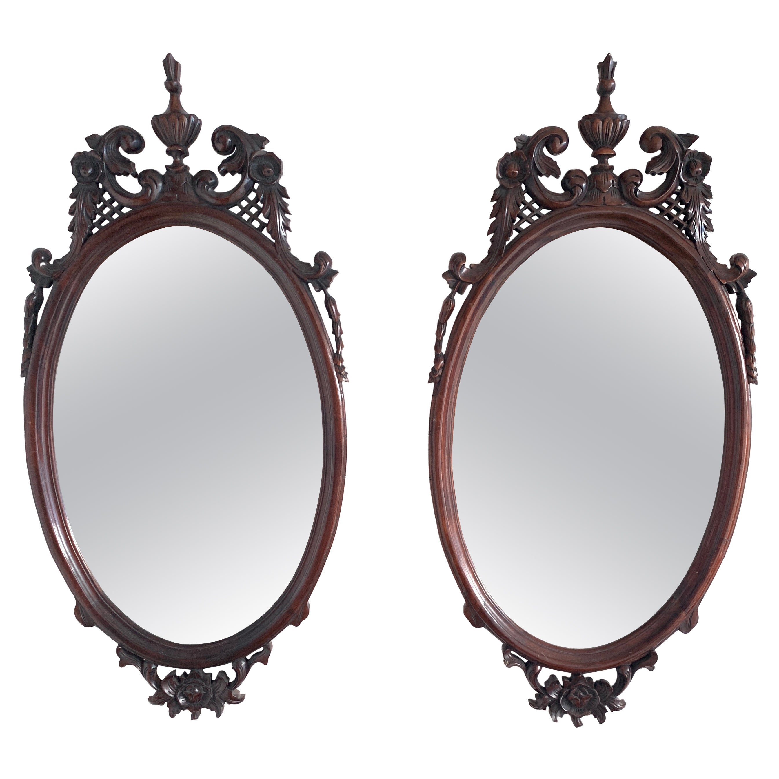 Pair of Antique Victorian Oval Mahogany Mirrors, 19th Century