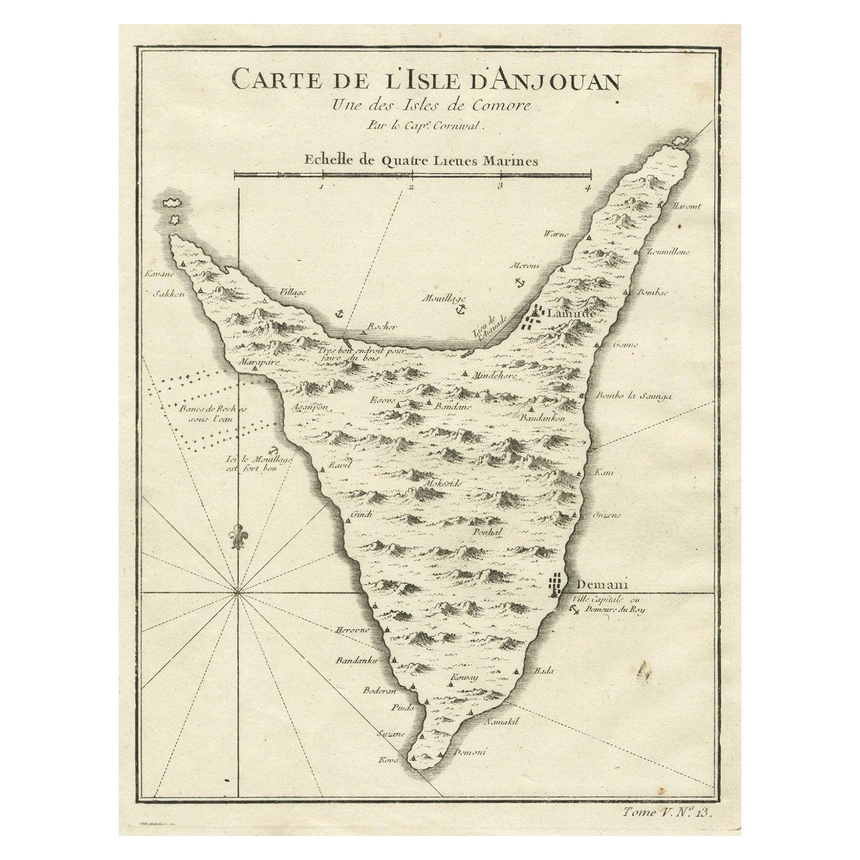 Antique Map of Anjouan or Ndzuani, Island of The Comoros, 1748 For Sale