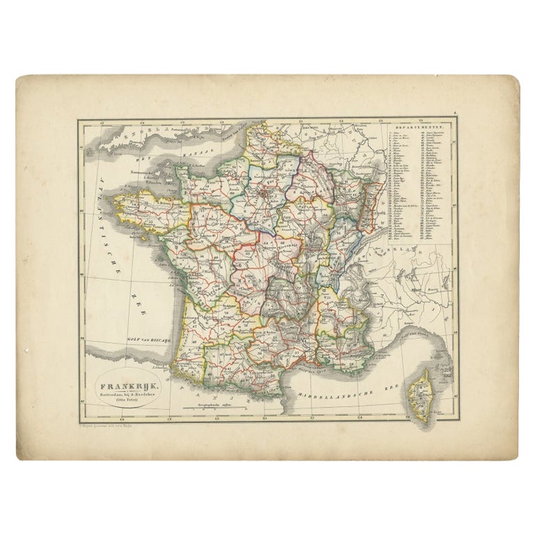 Antique Map of France from an Old Dutch School Atlas, 1852 For Sale