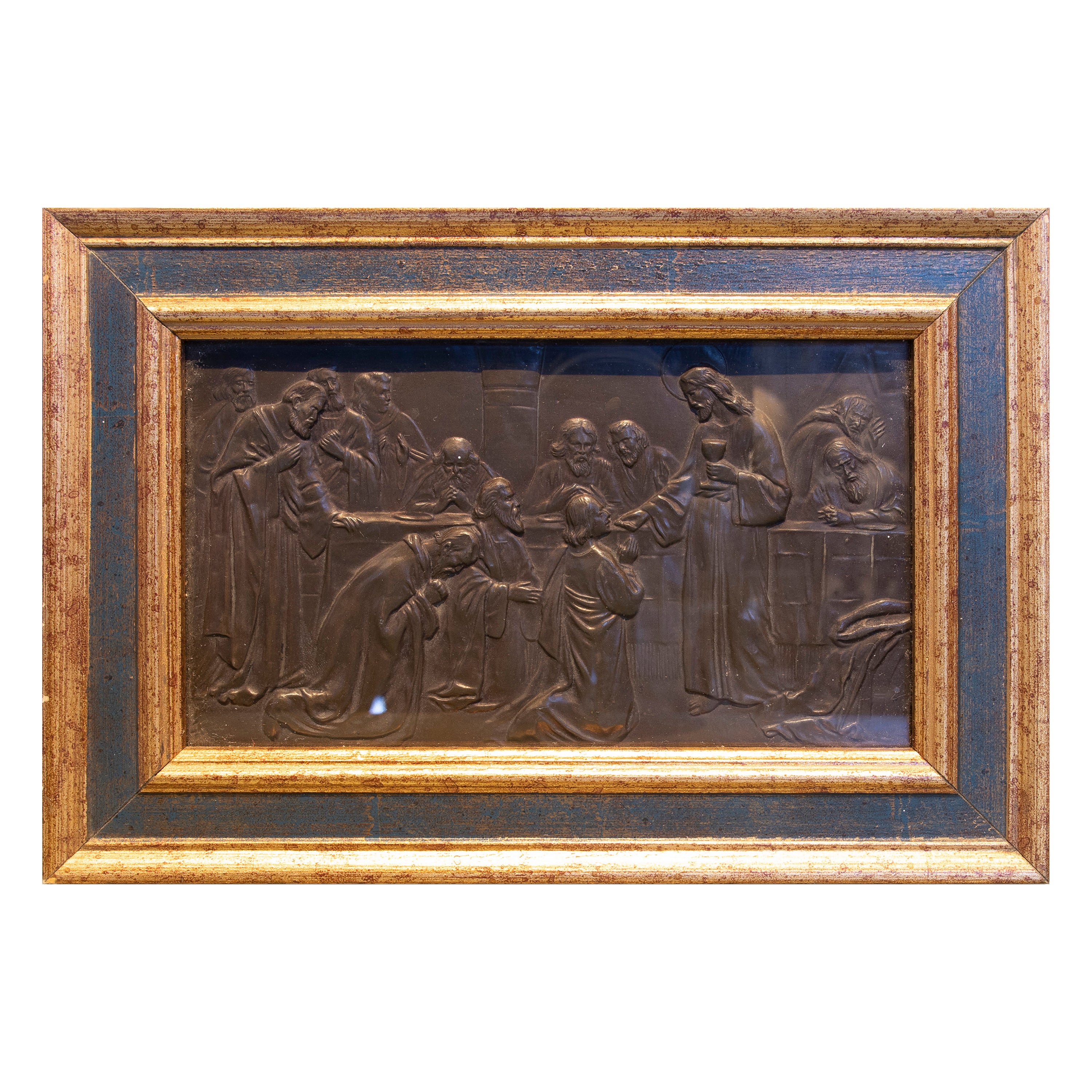 1950s Spanish Brass Framed Repoussé Scene of Christ Giving Communion For Sale