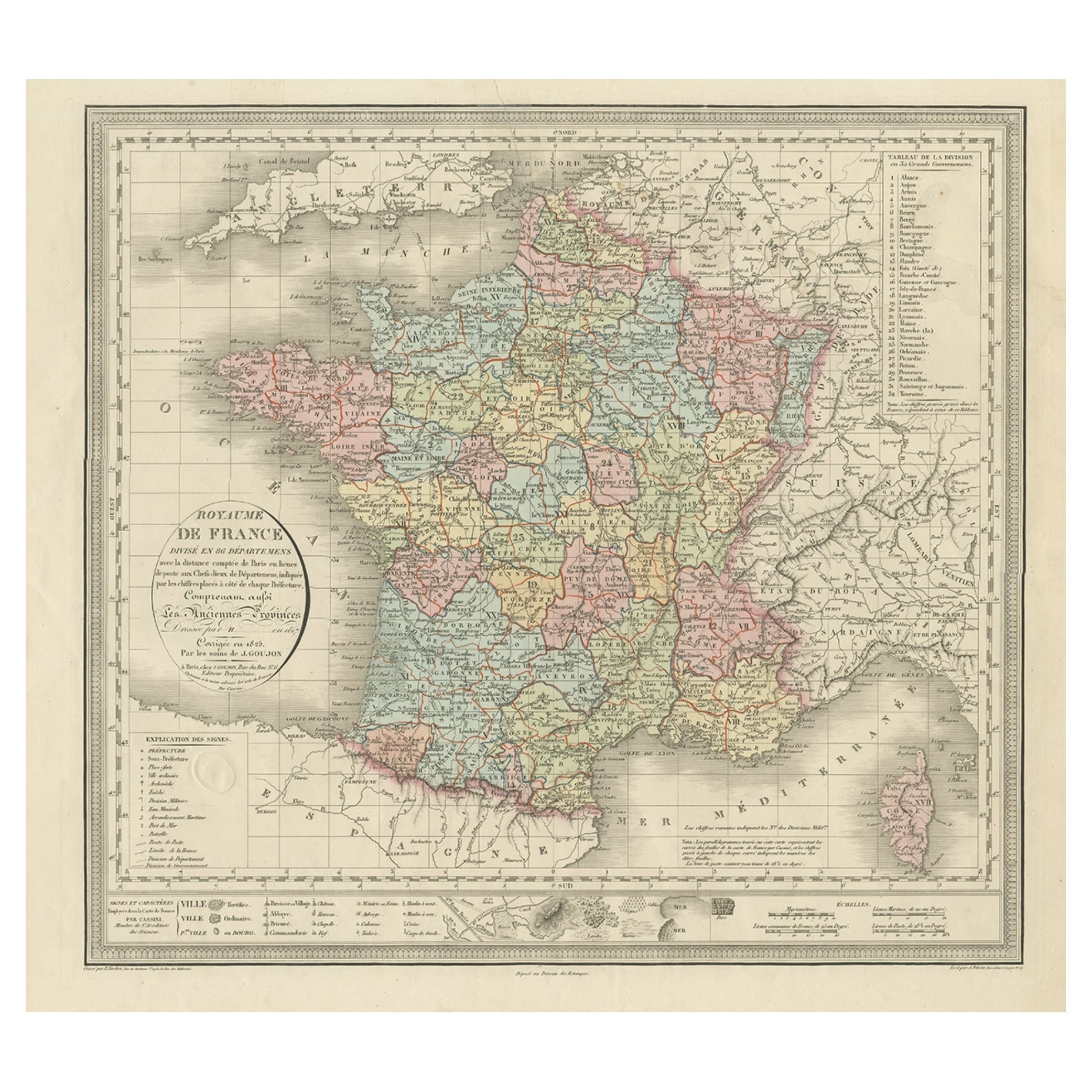 Carte ancienne de la France et de l'île de Corsica, vers 1825