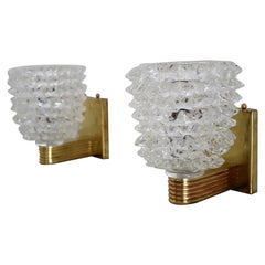 Italian Art Deco Style Brass and Murano Rostrato Glass Wall Sconces, 1990s