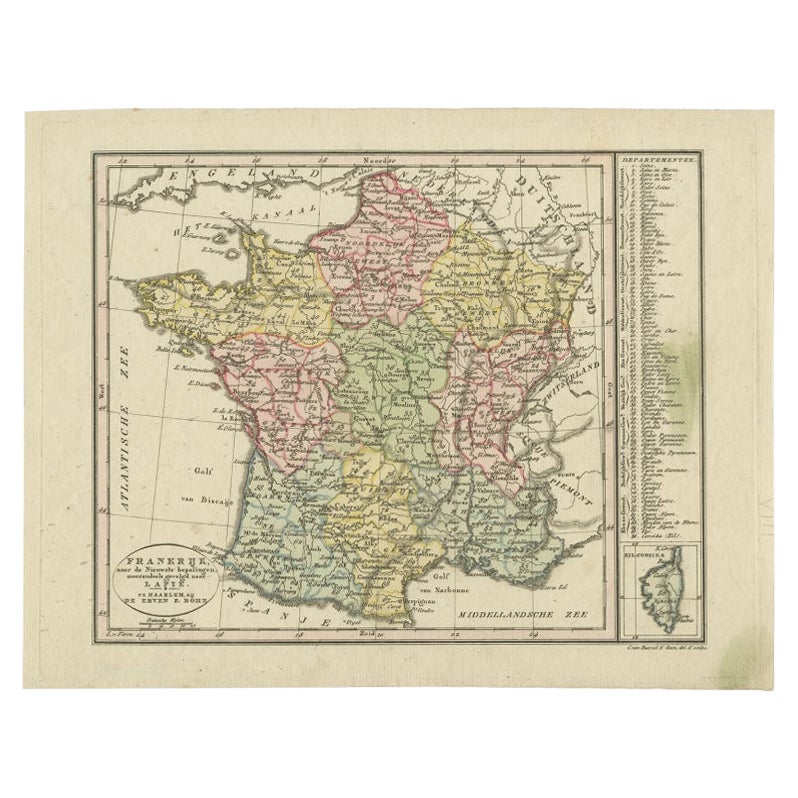 Antike französische Karte von Frankreich mit eingelegter Karte der Insel Corsica, um 1820