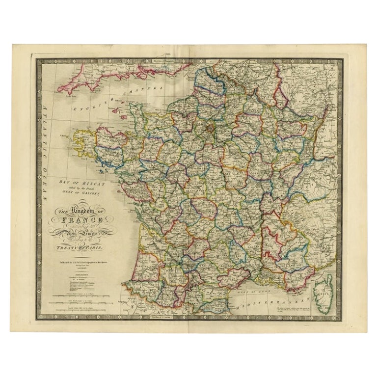 Antique Map of France according to the Treaty of Paris '1815', Published in 1854