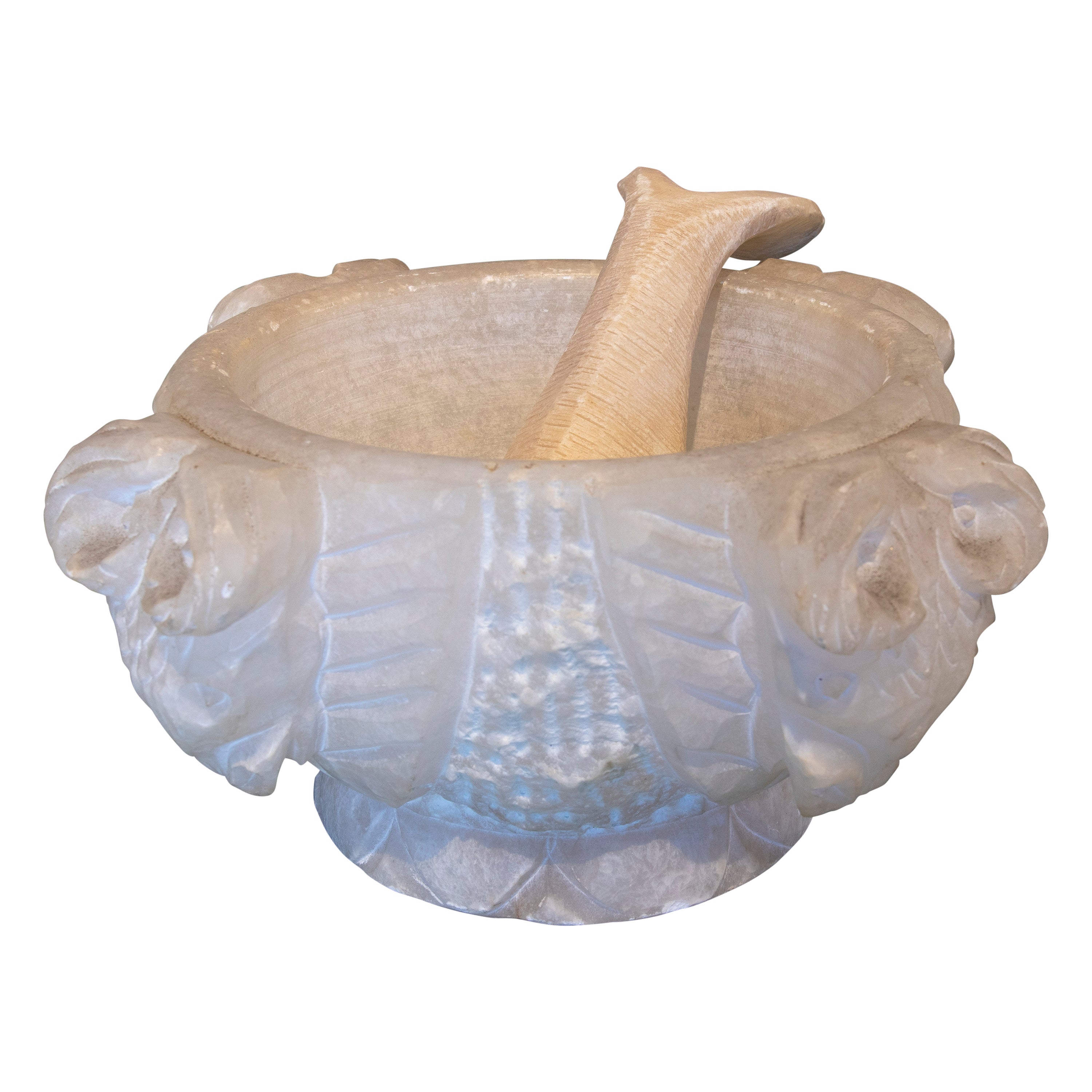 18th Century Spanish Hand Carved Stone Kitchen Mortar and Wooden Pestle For Sale at 1stDibs