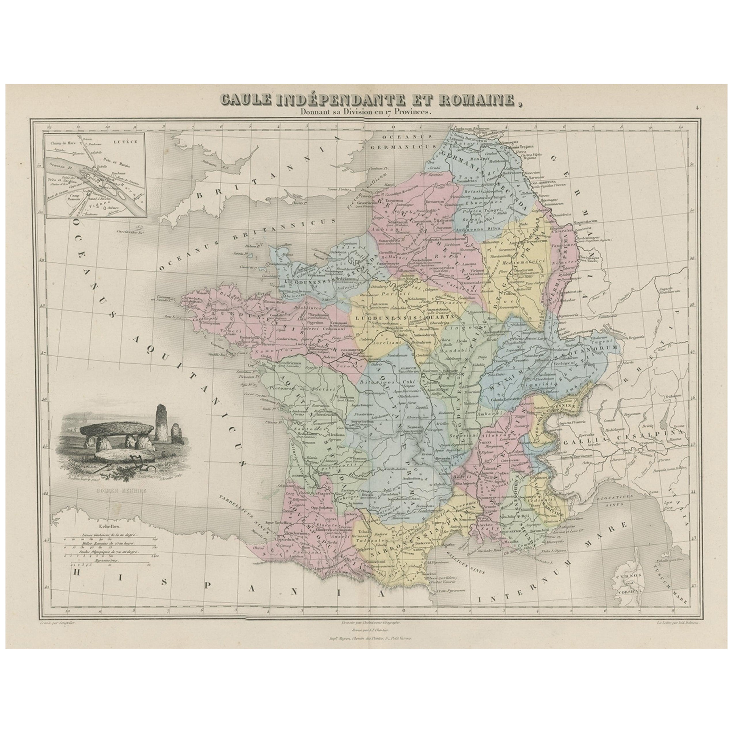 Antique Map of France in Ancient Roman Times, 1880
