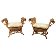 Retro Pair of 1970s Spanish Andalusian Woven Rattan Foot Stools w/ Schumacher Fabric 