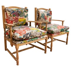 Pair of 1970s Spanish Andalusian Schumacher Fabric Upholstered Armchairs