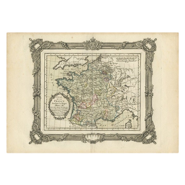 Antike Karte von Frankreich unter der Herrschaft von Heinrich III. von Zannoni, 1765 im Angebot
