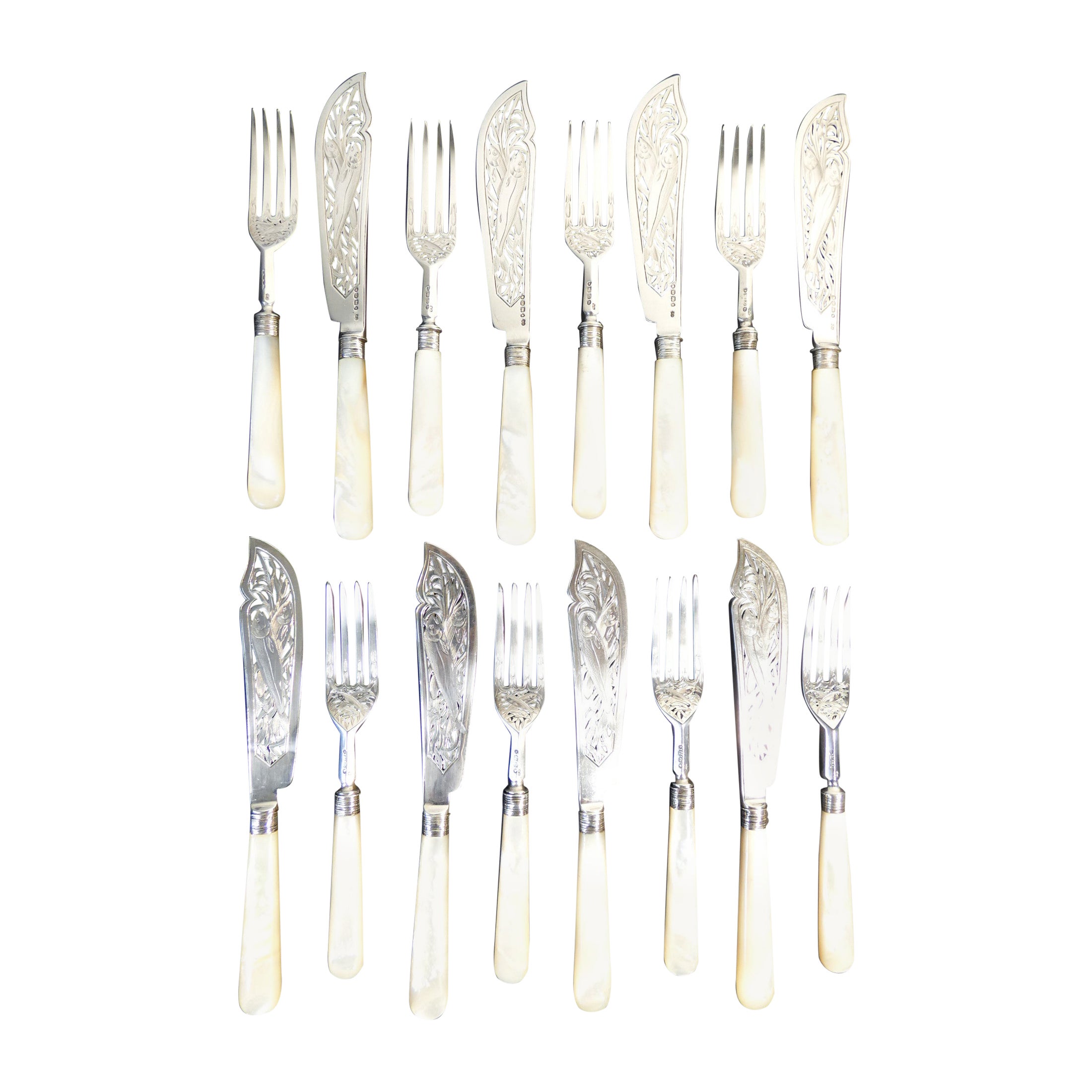 Fish Set for Eight in Sterling Silver and Mother of Pearl, Chawner & Co. 1857