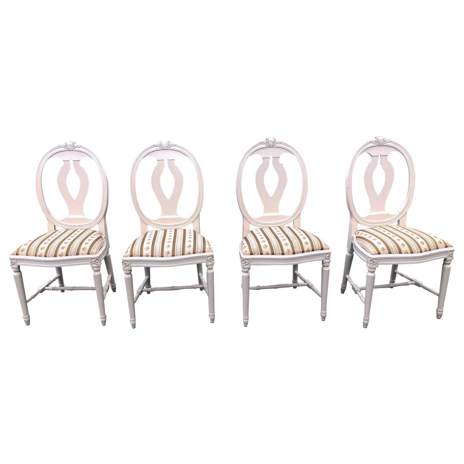 Swedish Gustavian Roseback Dining Chairs White Paint Set of 4, 1960-1980