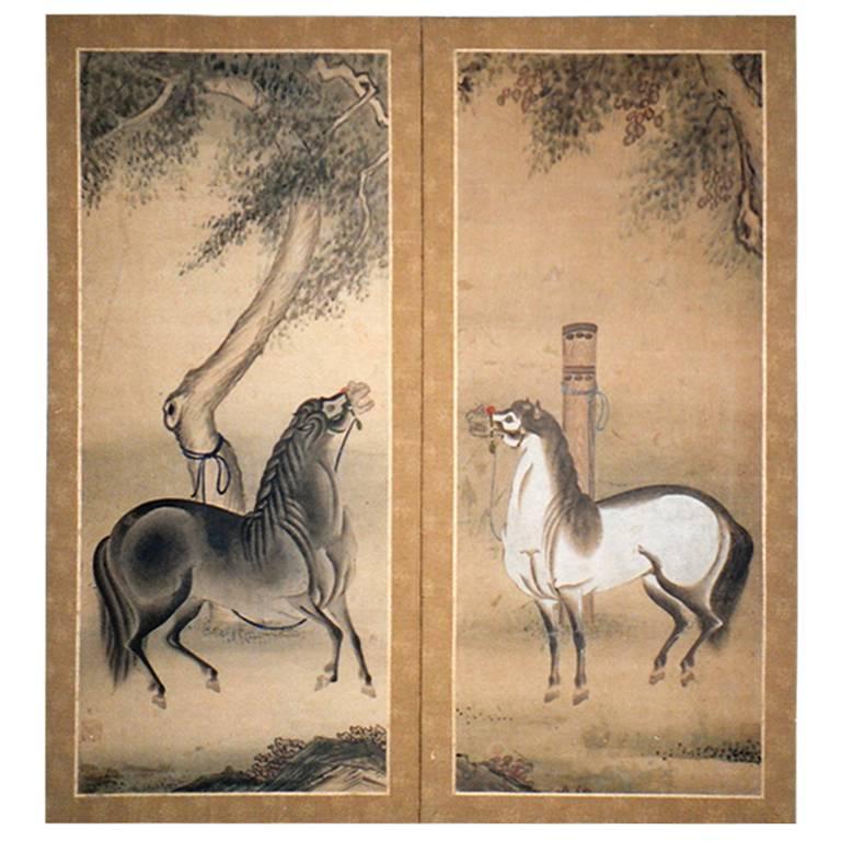 Japanese Screen Painting of Stallions