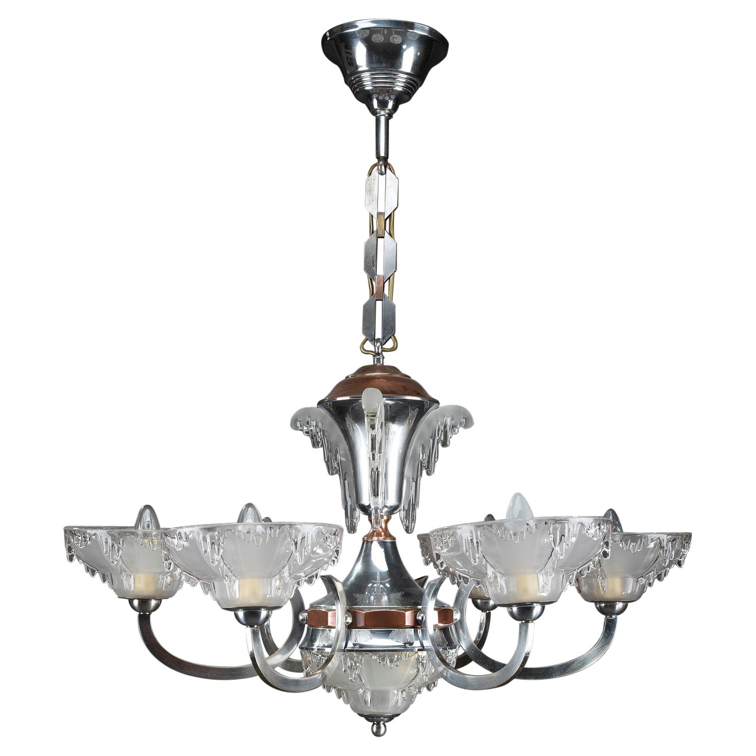 Art Deco Chandelier in Nickel-Plated Metal and Copper For Sale