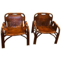 Tito Agnoli 1960s Bamboo and Brown Leather Armachairs Set of 2