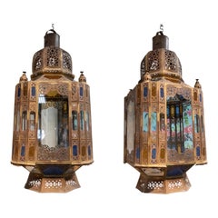 Pair of 1980s Moroccan Iron Hanging Lantern Lamp w/ Coloured Glass