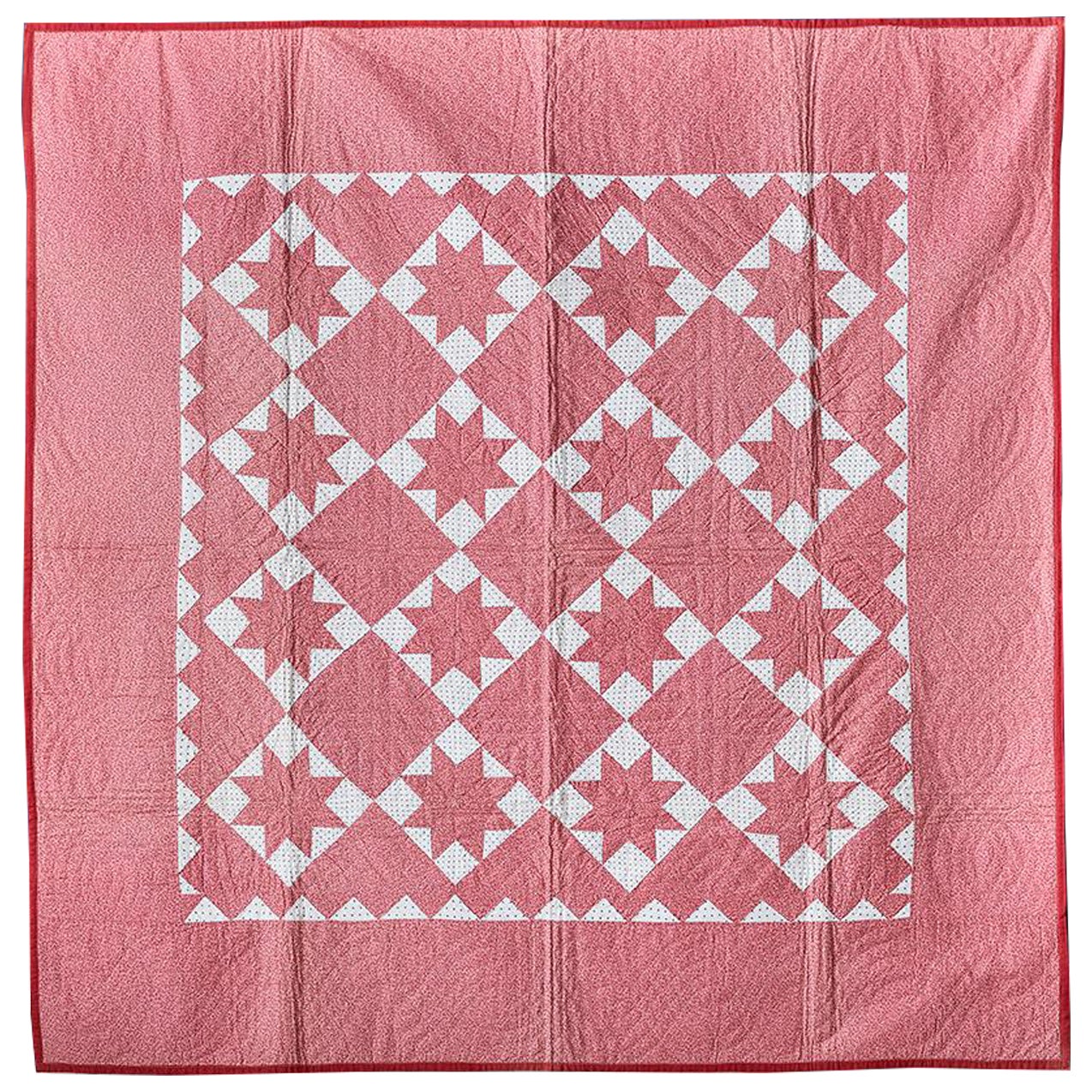 Antique Patchwork Quilt "Le Moyne Stars" in Dark Pink and White, USA, 1880's