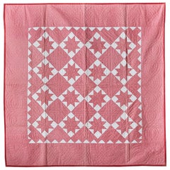 Antique Patchwork Quilt "Le Moyne Stars" in Dark Pink and White, USA, 1880's