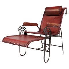 French Art Deco Iron & Leather Lounge Chair with Extension Jean Royère