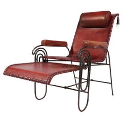 French Art Deco Iron & Leather Lounge Chair with Extension Jean Royère Style