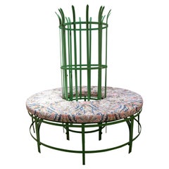 Vintage 1990s Spanish Wrought Iron Green Tree Bench w/ Schumacher Fabric Seat Cushion