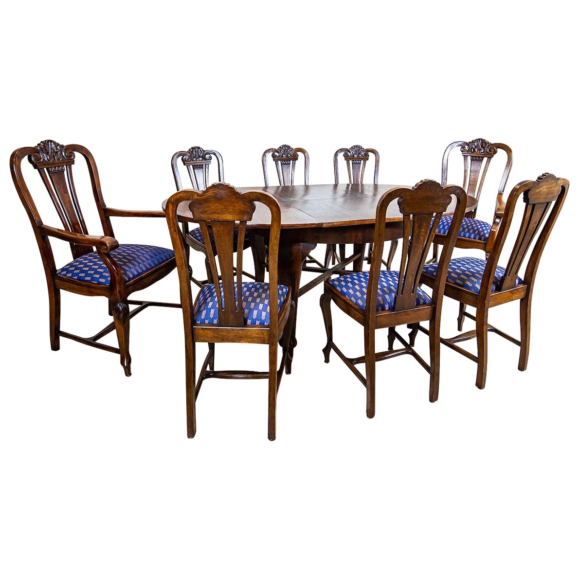 Oak & Walnut Dining Room Set From the Interwar Period in Blue Upholstery For Sale