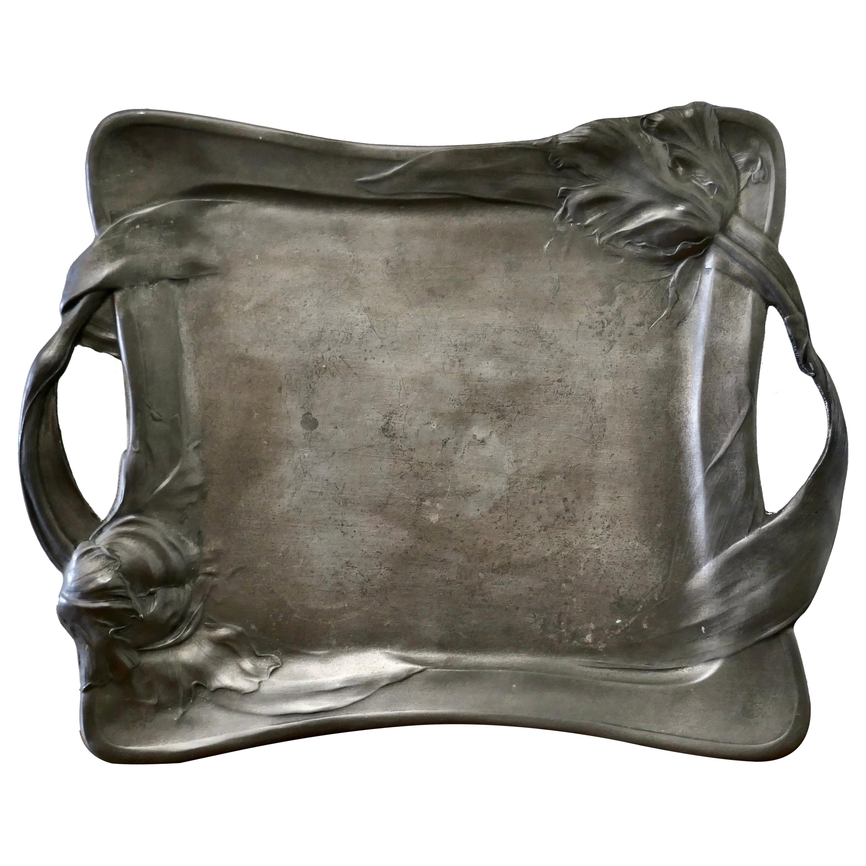 French Art Nouveau Pewter Tray For Sale