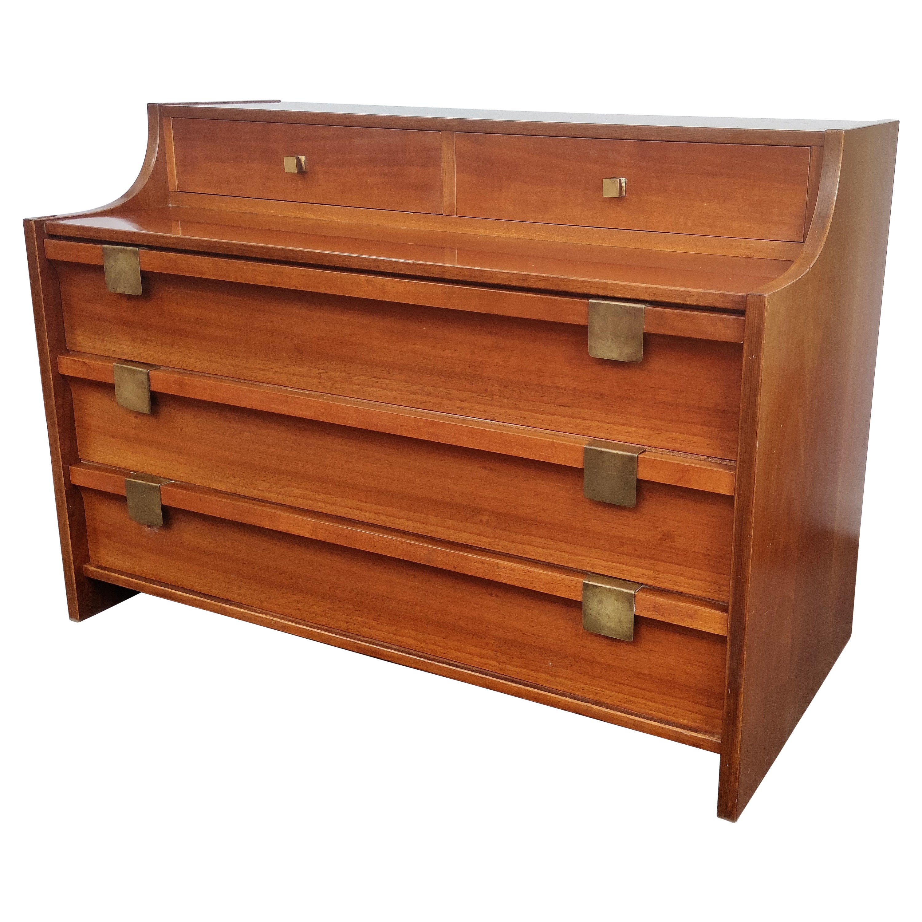 1960s Italian Mid-Century Modern Wood and Brass Commode Dresser Chest of Drawers
