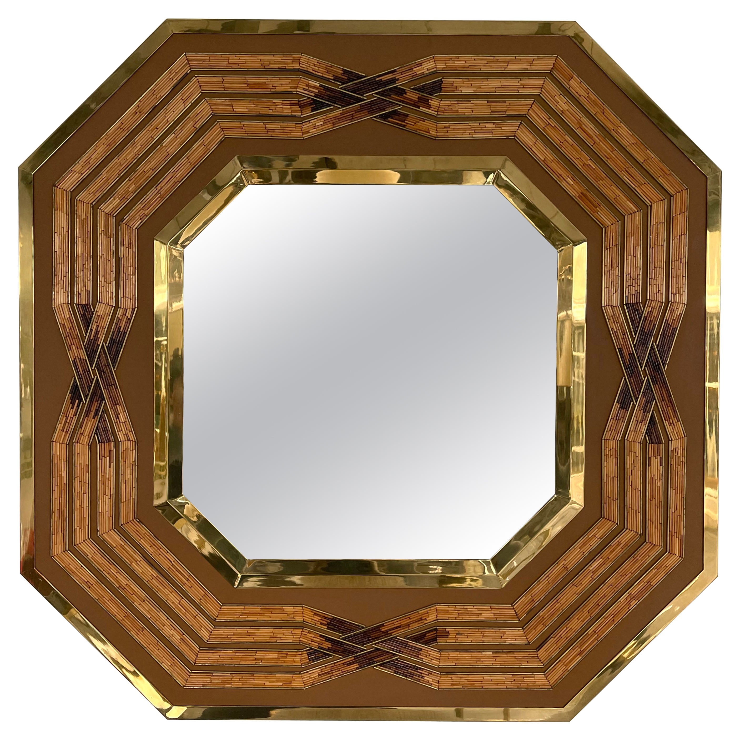 Brass Mirror Lacquered and Rattan, Italy, 1970s