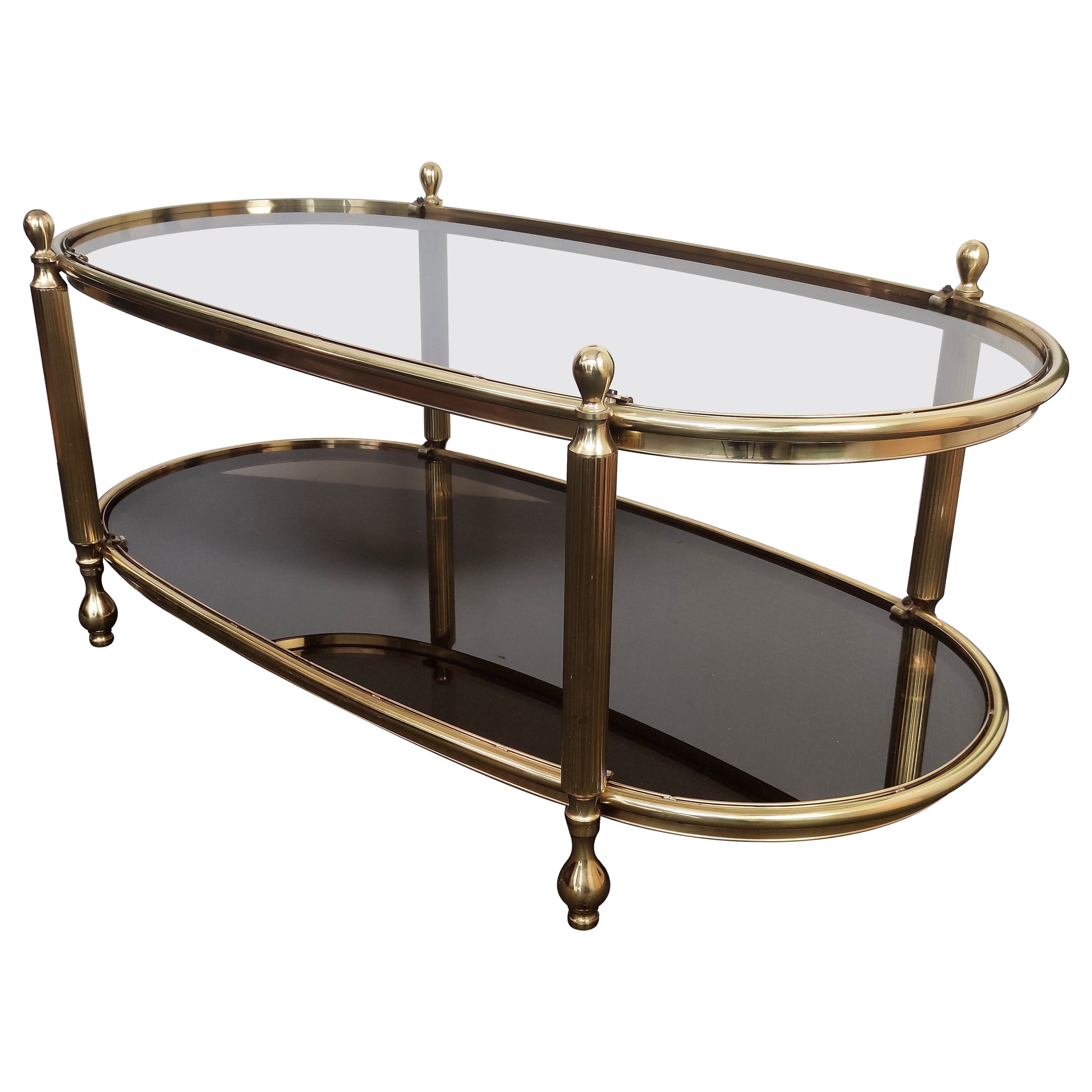 1970s Italian Brass and Glass Hollywood Regency Oval Center Coffee Table