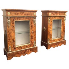 Magnificent Pair of Antique Figured Walnut Marquetry Pier Side Display Cabinets