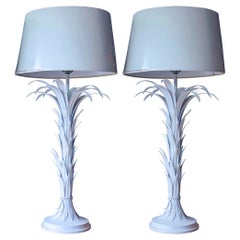 Mid-Century Italian White Serge Roche Inspired Tole Metal Palm Lamps, Pair