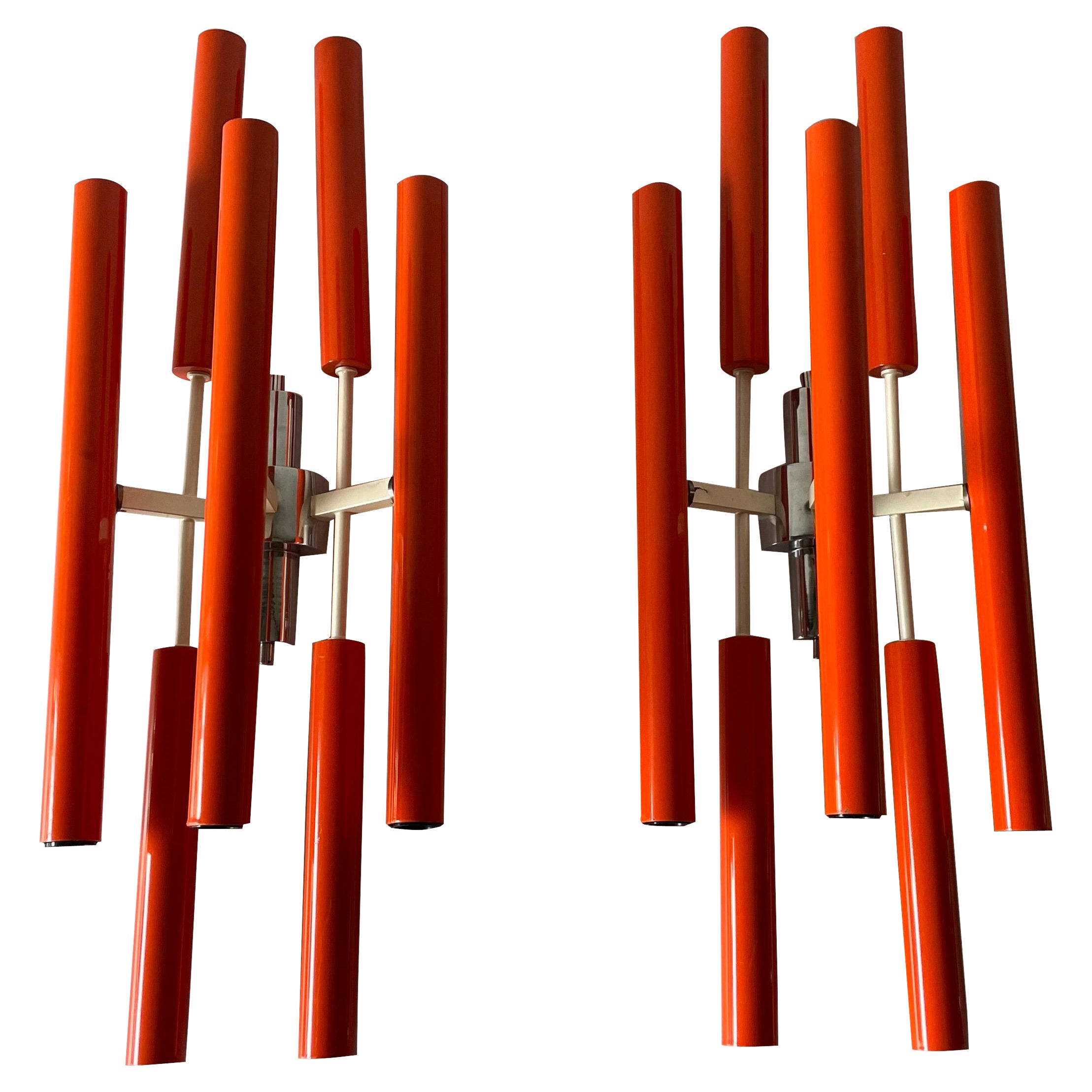 Orange Metal 10 Socket Tubes Exclusive Large Pair of Sconces, 1970s, Italy