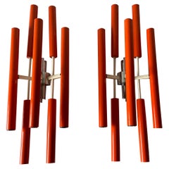 Orange Metal 10 Socket Tubes Exclusive Large Pair of Sconces, 1970s, Italy