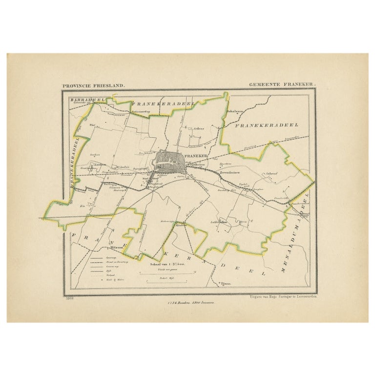 Carte ancienne de Franeker par Kuyper, 1868 en vente