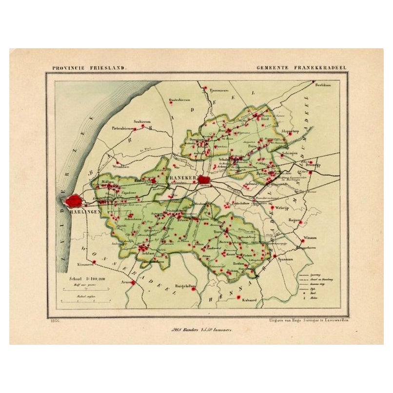 Carte ancienne de Franekeradeel, ville du Pays de Friesland, Pays-Bas, 1868