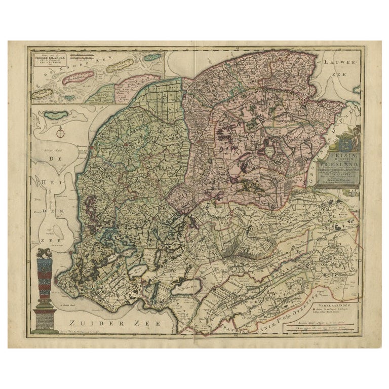 Antique Map of the Province of Friesland in The Netherlands, 1718 For Sale