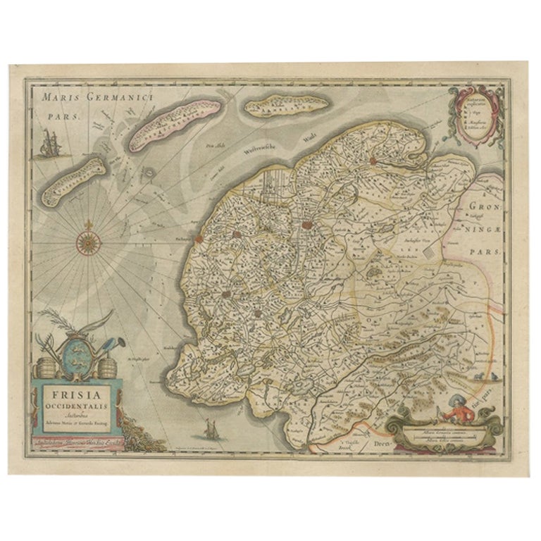 Carte ancienne du Friesland, Pays-Bas, 1638